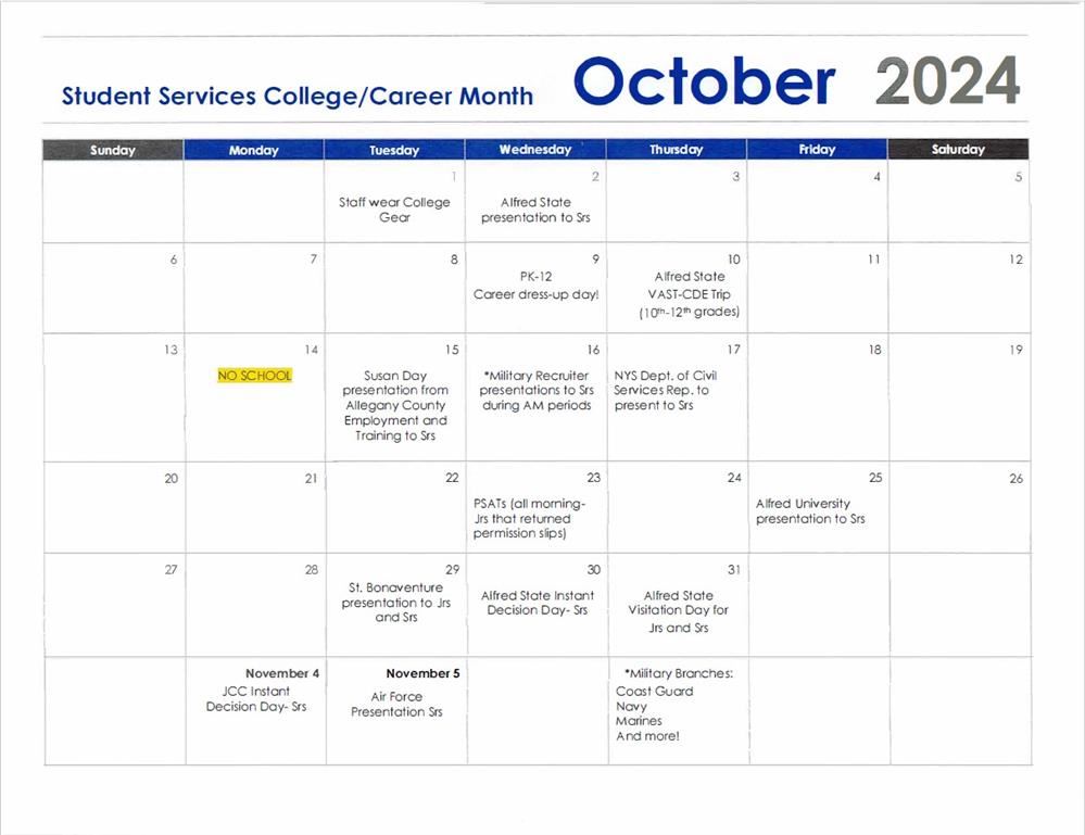  Student Services October Calendar